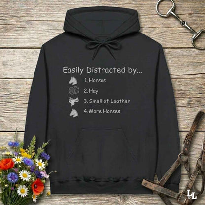 black Easily Distracted by Horses Hoodie for Horse Lovers, Hoodie for Horse Riders, Barn Wear