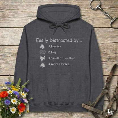 gray Easily Distracted by Horses Hoodie for Horse Lovers, Hoodie for Horse Riders, Barn Wear