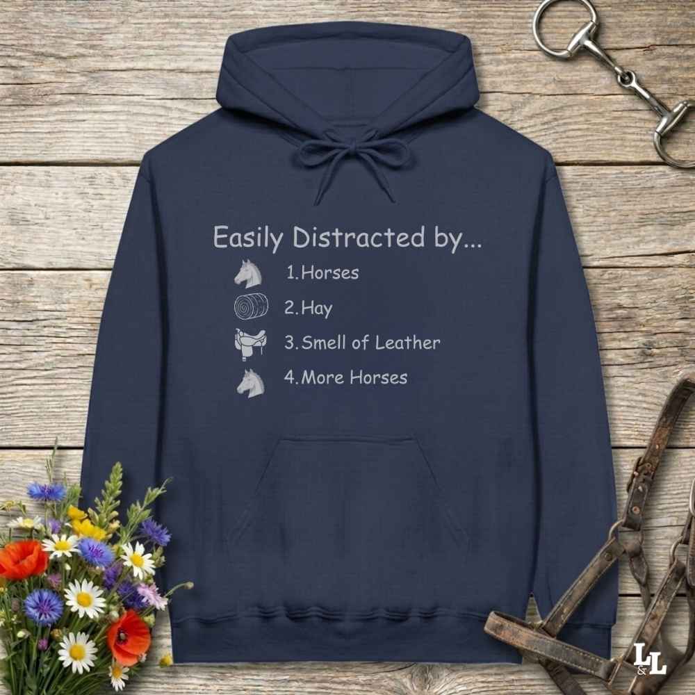 navy blue Easily Distracted by Horses Hoodie for Horse Lovers, Hoodie for Horse Riders, Barn Wear