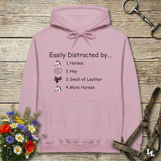 pink Easily Distracted by Horses Hoodie for Horse Lovers, Hoodie for Horse Riders, Barn Wear