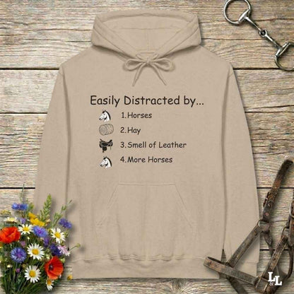 beige Easily Distracted by Horses Hoodie for Horse Lovers, Hoodie for Horse Riders, Barn Wear
