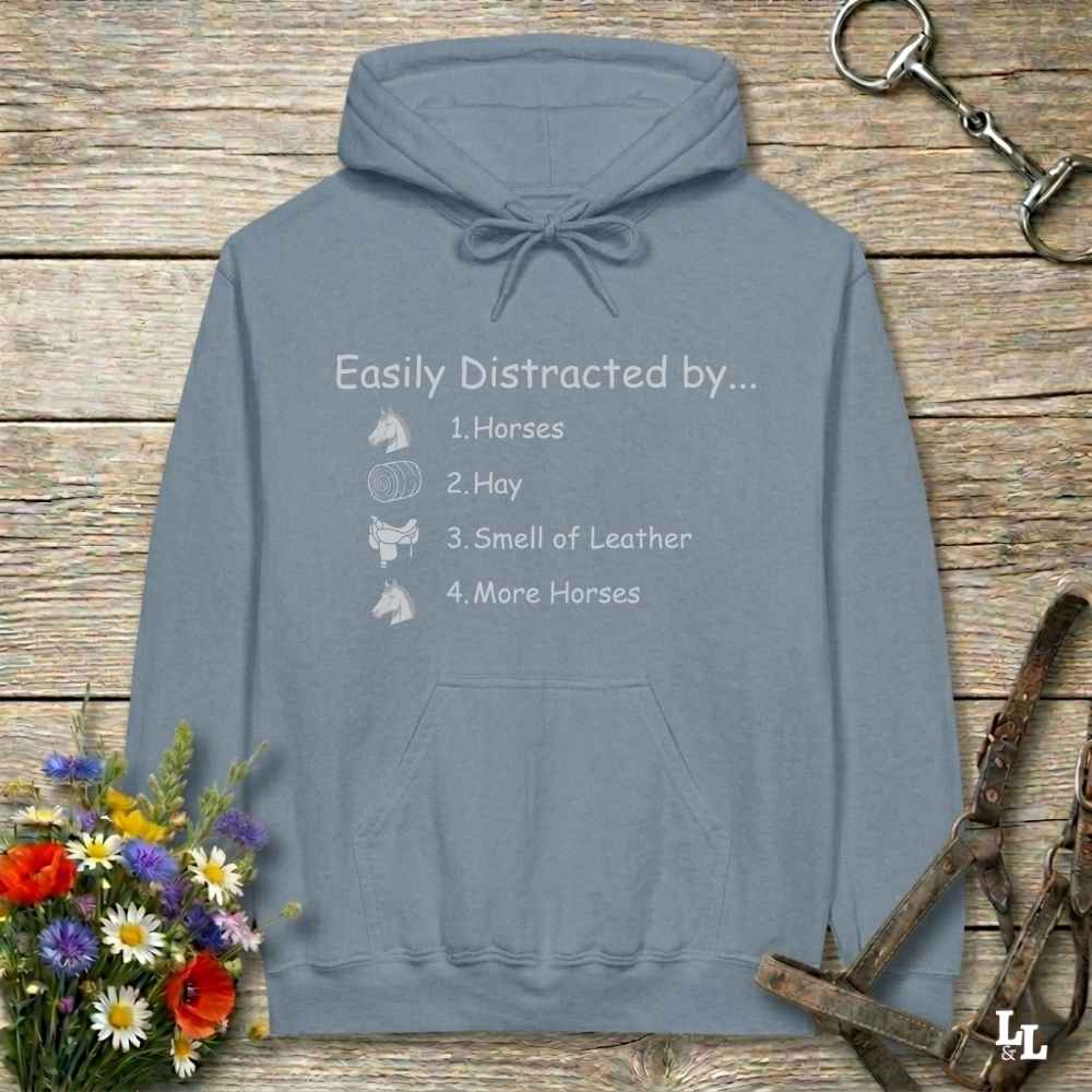 blue Easily Distracted by Horses Hoodie for Horse Lovers, Hoodie for Horse Riders, Barn Wear