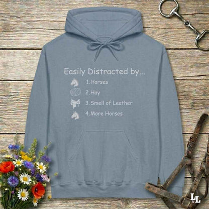 blue Easily Distracted by Horses Hoodie for Horse Lovers, Hoodie for Horse Riders, Barn Wear