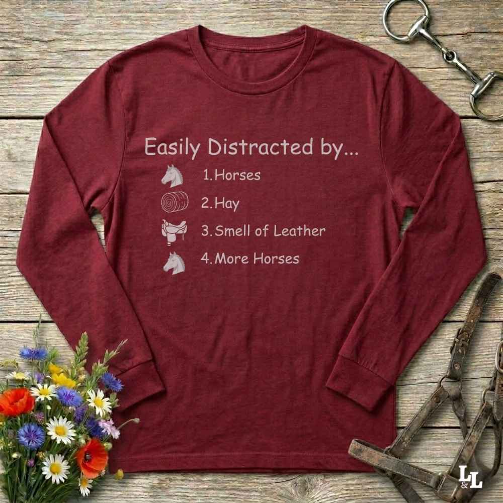 red Easily Distracted by Horses Long Sleeve Tee for Horse Lovers, Horse Rider Tee, Trail Riding Tee