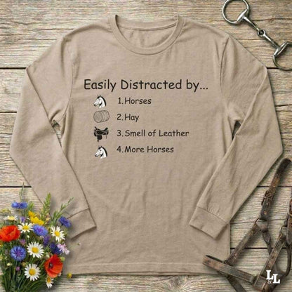 beige Easily Distracted by Horses Long Sleeve Tee for Horse Lovers, Horse Rider Tee, Trail Riding Tee