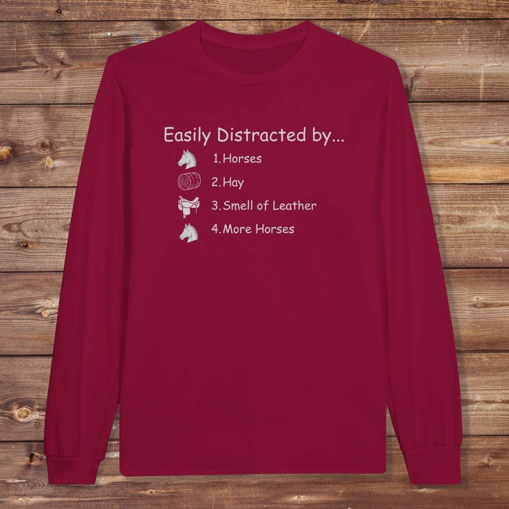 Red Easily Distracted by Horses Long Sleeve Tee for Horse Lovers, Horse Rider Tee, Trail Riding Tee