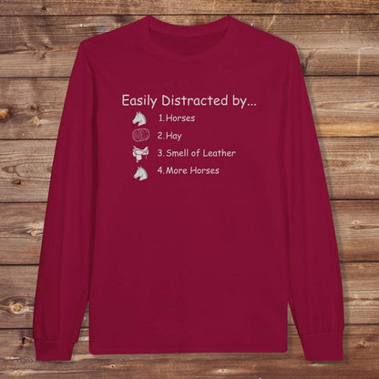 Red Easily Distracted by Horses Long Sleeve Tee for Horse Lovers, Horse Rider Tee, Trail Riding Tee