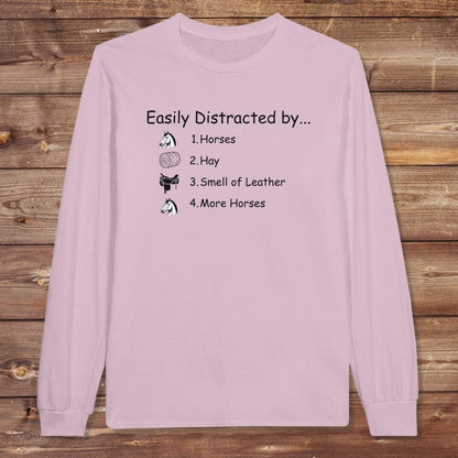Pink Easily Distracted by Horses Long Sleeve Tee for Horse Lovers, Horse Rider Tee, Trail Riding Tee