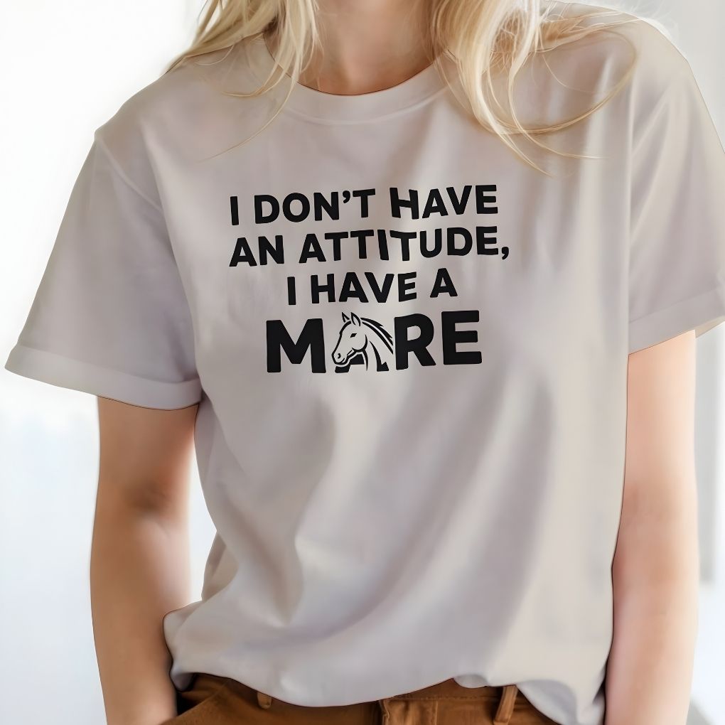 White t-shirt with text 'I don't have an attitude, I have a mare' worn by a person. I Don't have an Attitude T-Shirt for Horse Lovers, Barn Wear Tee, Trail Riding Tee