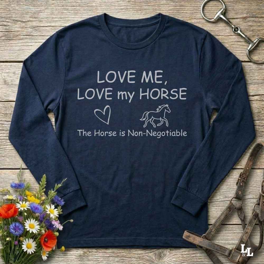 navy blue  Love me Love my Horse Long Sleeve Tee for Horse Lovers, Trail Riding Tee for Horse Riders
