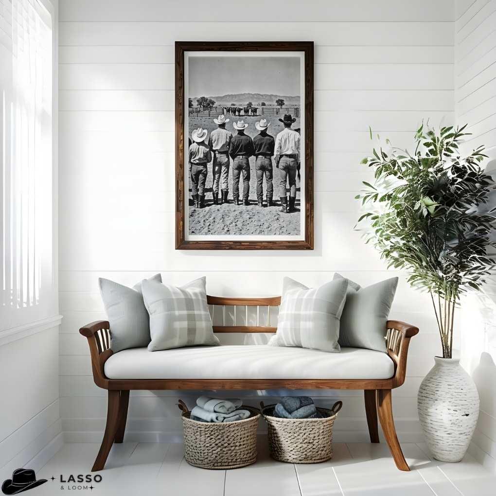Living room with wooden bench, framed black and white western print, and decorative items.