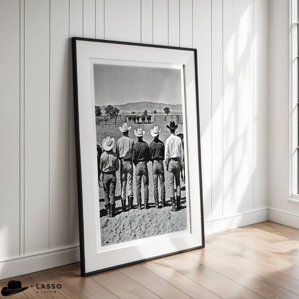 Framed black and white photograph of cowboys in a line, leaning against a fence, in a room with wooden flooring and white walls.