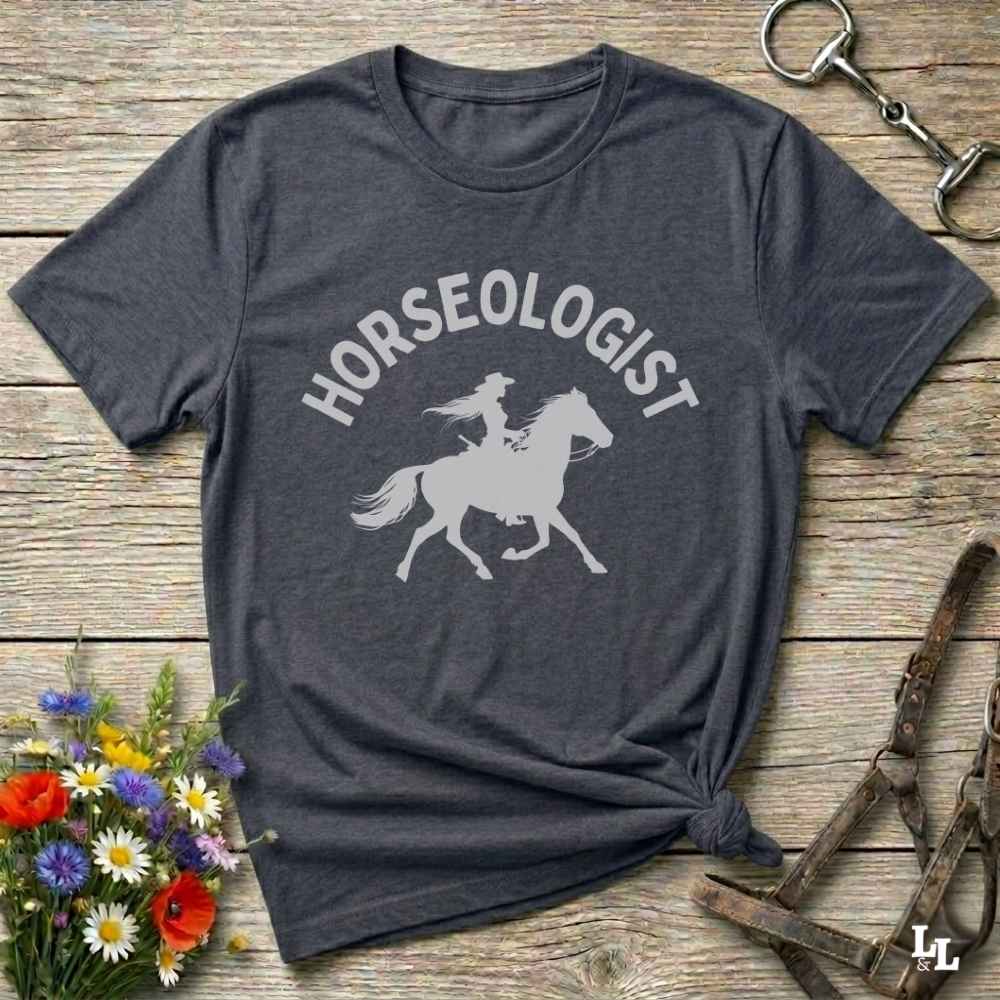 gray Horseologist T-Shirt, Essential Barn Tee for Horse Rider. Equestrian Apparel.