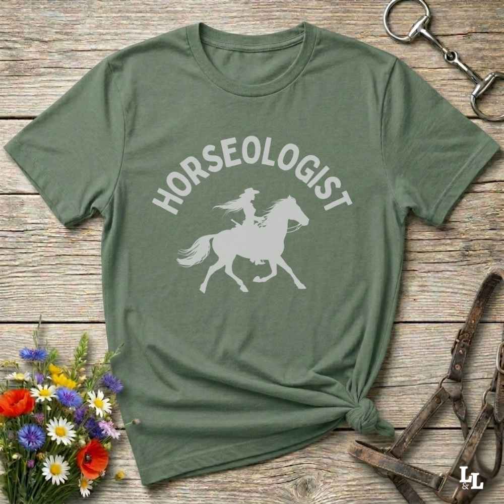 green Horseologist T-Shirt, Essential Barn Tee for Horse Rider. Equestrian Apparel.