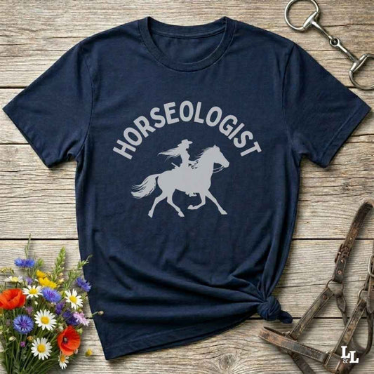 navy blue Horseologist T-Shirt, Essential Barn Tee for Horse Rider. Equestrian Apparel.