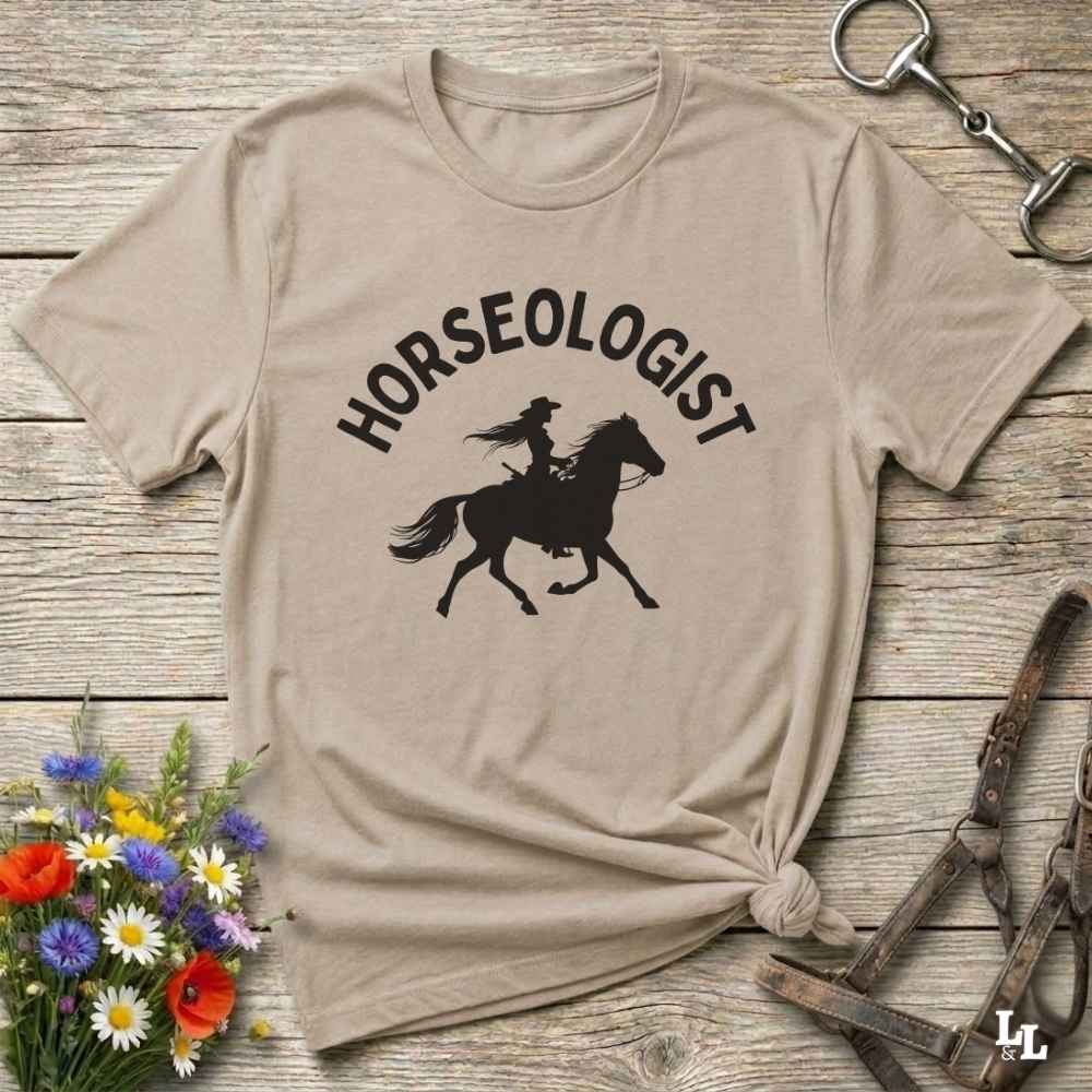beige Horseologist T-Shirt, Essential Barn Tee for Horse Rider. Equestrian Apparel.