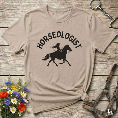 beige Horseologist T-Shirt, Essential Barn Tee for Horse Rider. Equestrian Apparel.