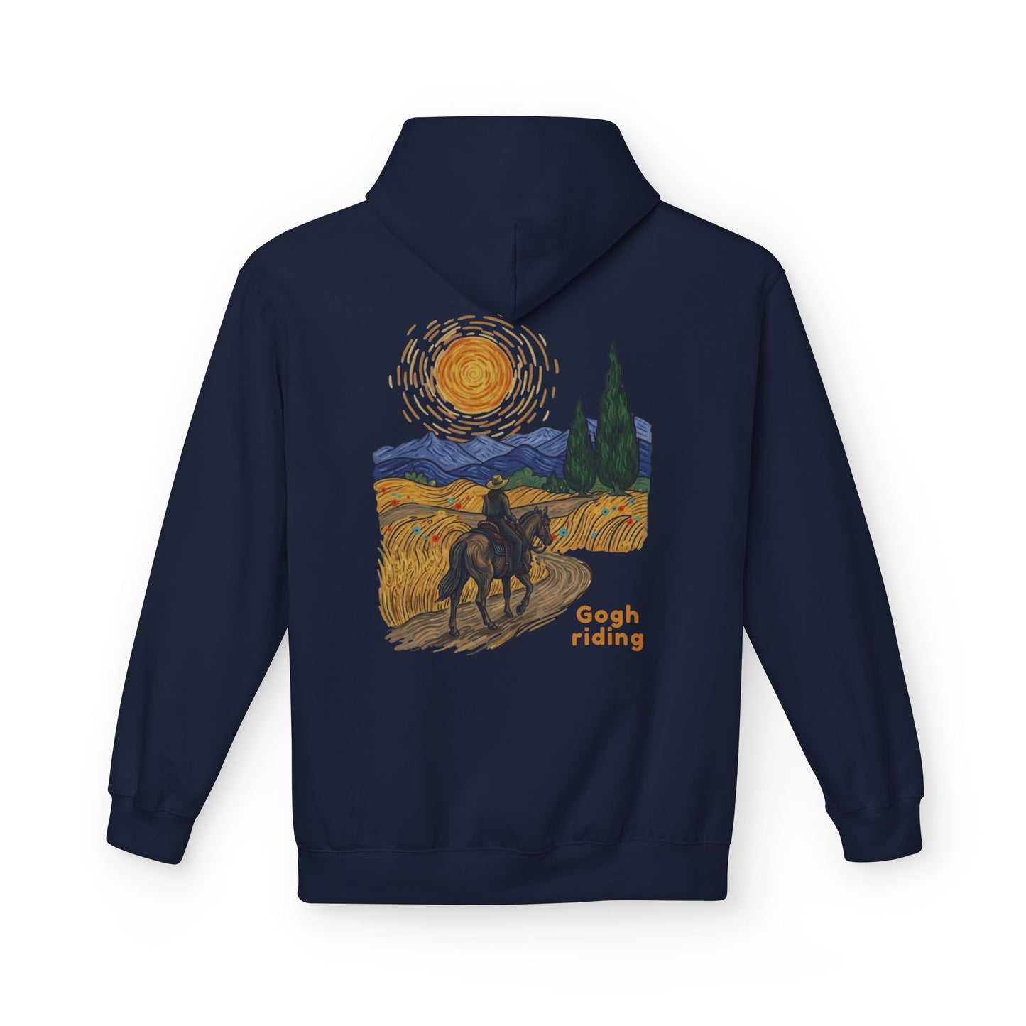 A navy blue hoodie shown from the back, featuring a large graphic print of a rider on a horse in a stylized, Van Gogh-inspired landscape with yellow fields, blue mountains, and a swirling yellow sun. The text 'Gogh riding' is printed in yellow near the bottom right of the graphic.
