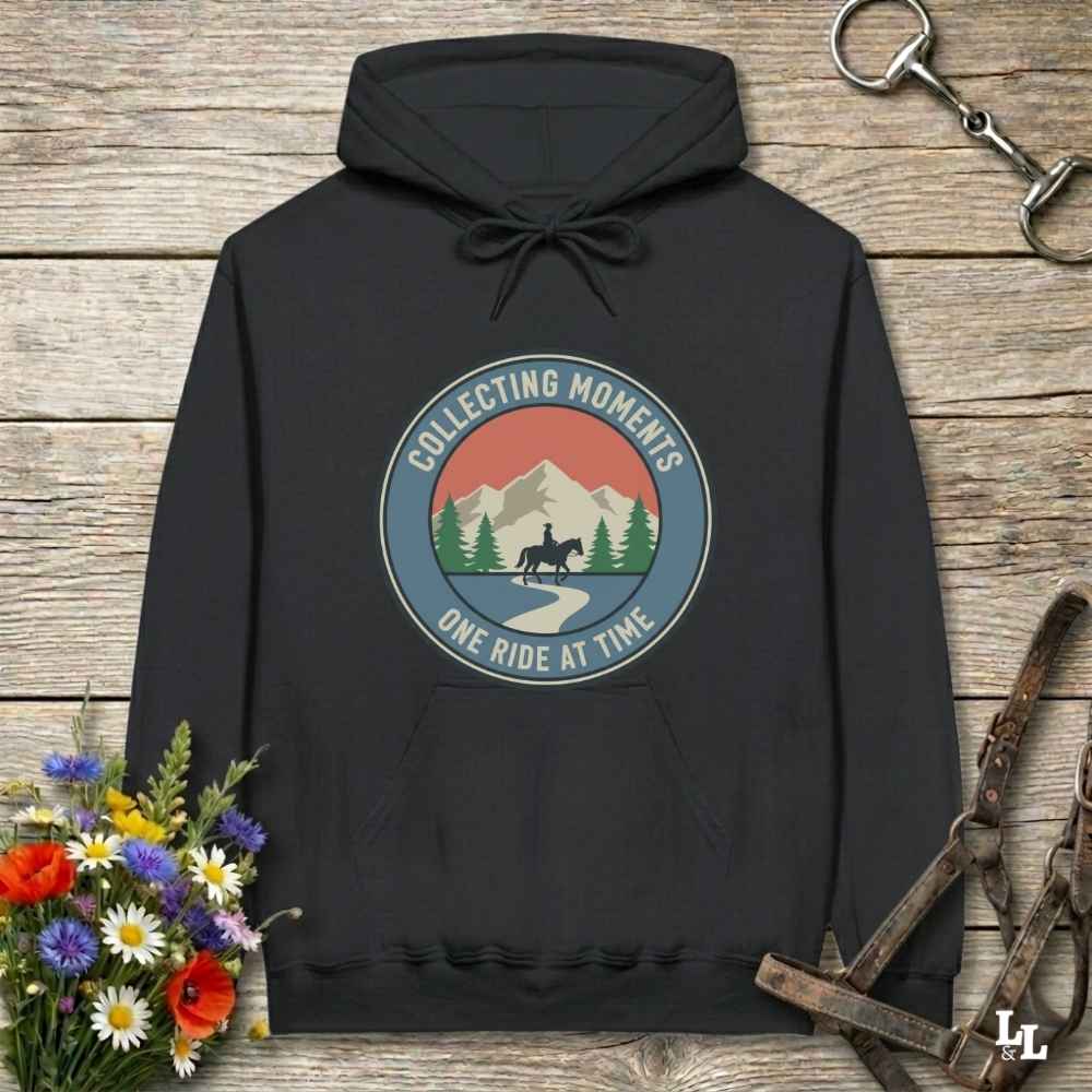 black Collecting Moments One Ride at a Time Hoodie for Horse Lovers, Trail Riding Hoodie