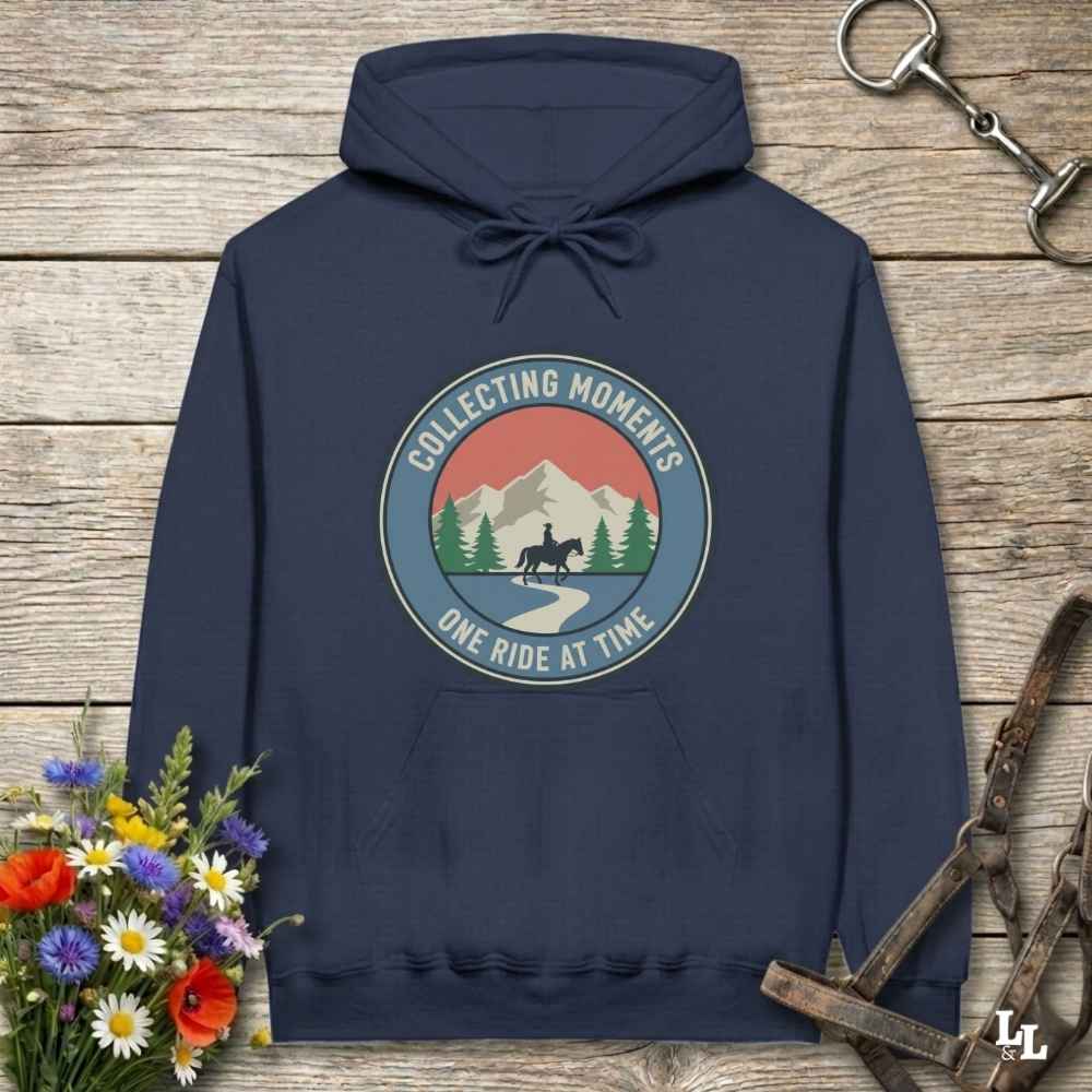 navy blue Collecting Moments One Ride at a Time Hoodie for Horse Lovers, Trail Riding Hoodie