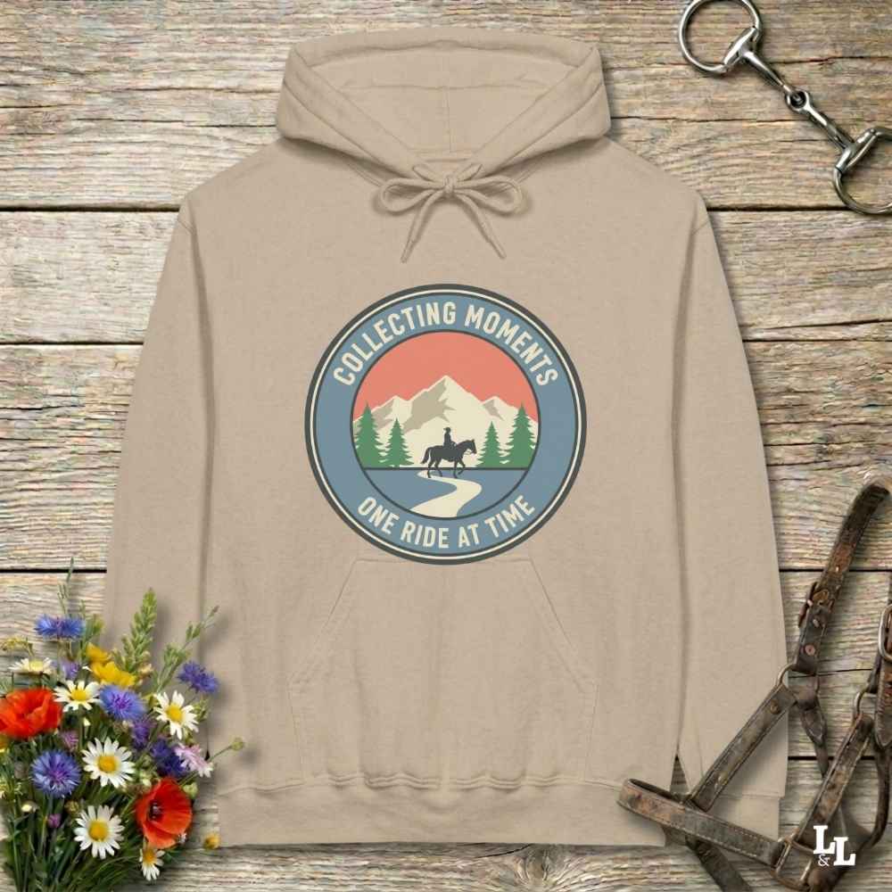 beige Collecting Moments One Ride at a Time Hoodie for Horse Lovers, Trail Riding Hoodie