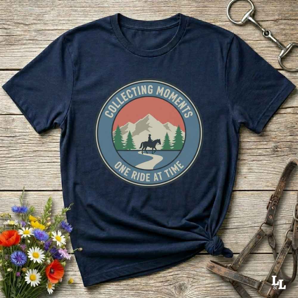 navy blue Collecting Moments One Ride at a Time T-Shirt for Horse Lovers, Horse Riding Tee