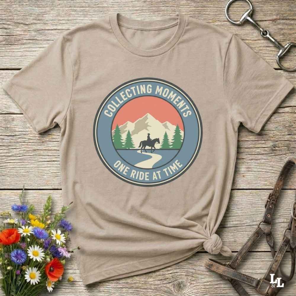 beige Collecting Moments One Ride at a Time T-Shirt for Horse Lovers, Horse Riding Tee