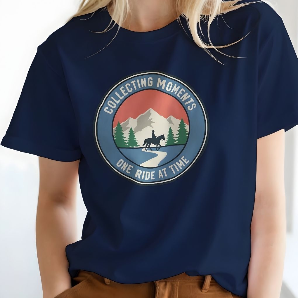 Navy blue t-shirt with a graphic design featuring mountains, trees, and a horse, with text 'Collecting Moments One Ride at Time'. Collecting Moments One Ride at a Time T-Shirt for Horse Lovers, Horse Riding Tee