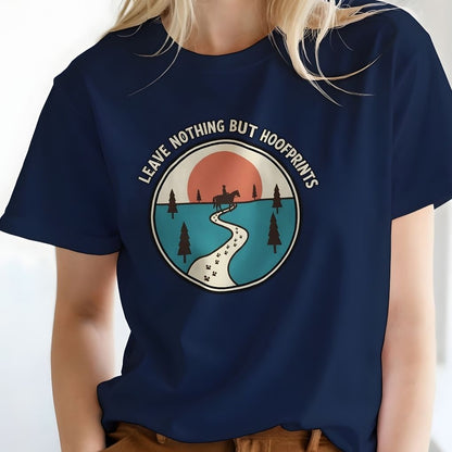 Navy blue t-shirt with a graphic design featuring a horse and text 'Leave Nothing But Hoofprints' on a white background. Leave Nothing but Hoof Prints T-Shirt for Horse Lovers, Trail Riding Tee Equestrian Apparel