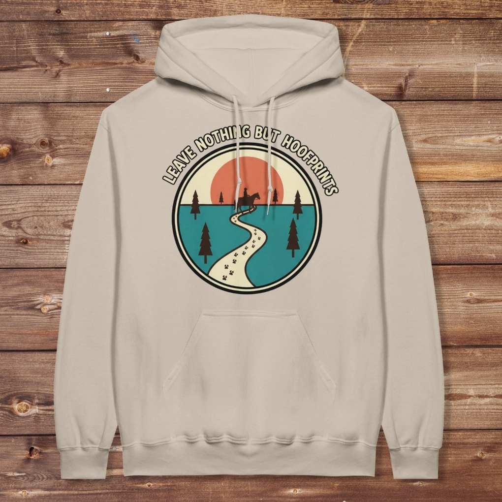 Beige Leave Nothing but Hoof Prints Hoodie for Horse Lovers, Cozy Hoodie for Trail Riding