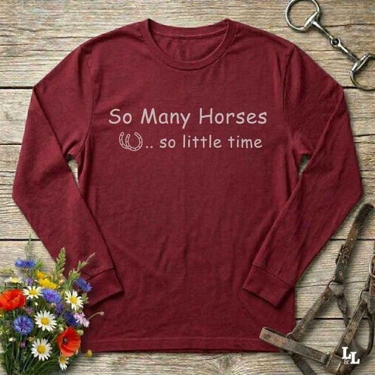 red  So Many Horses Long Sleeve Tee for Horse Lovers, Riding Tee, Barn Wear for Horse Riders