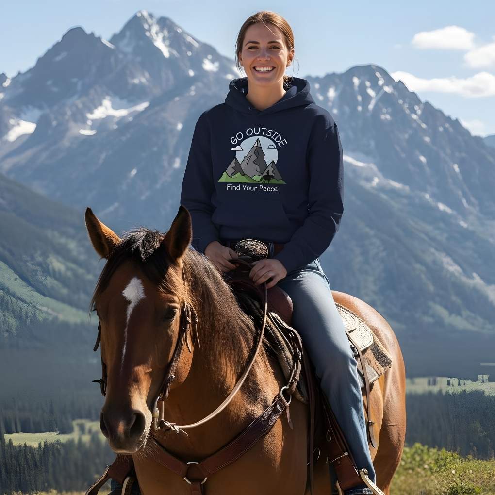Woman riding a horse with mountains in the background wearing a hoodie with a mountain graphic. Go Outside Find your Peace Hoodie for Horse Lovers, Cozy Barn Wear, Trail Riding Hoodie