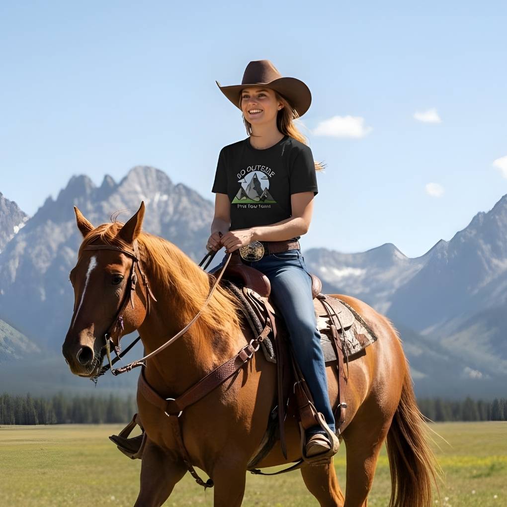 Person riding a horse with mountains in the background. Go Outside Find your Peace Long Sleeve Tee for Horse Lovers, Horse Riding Tee Barn Wear