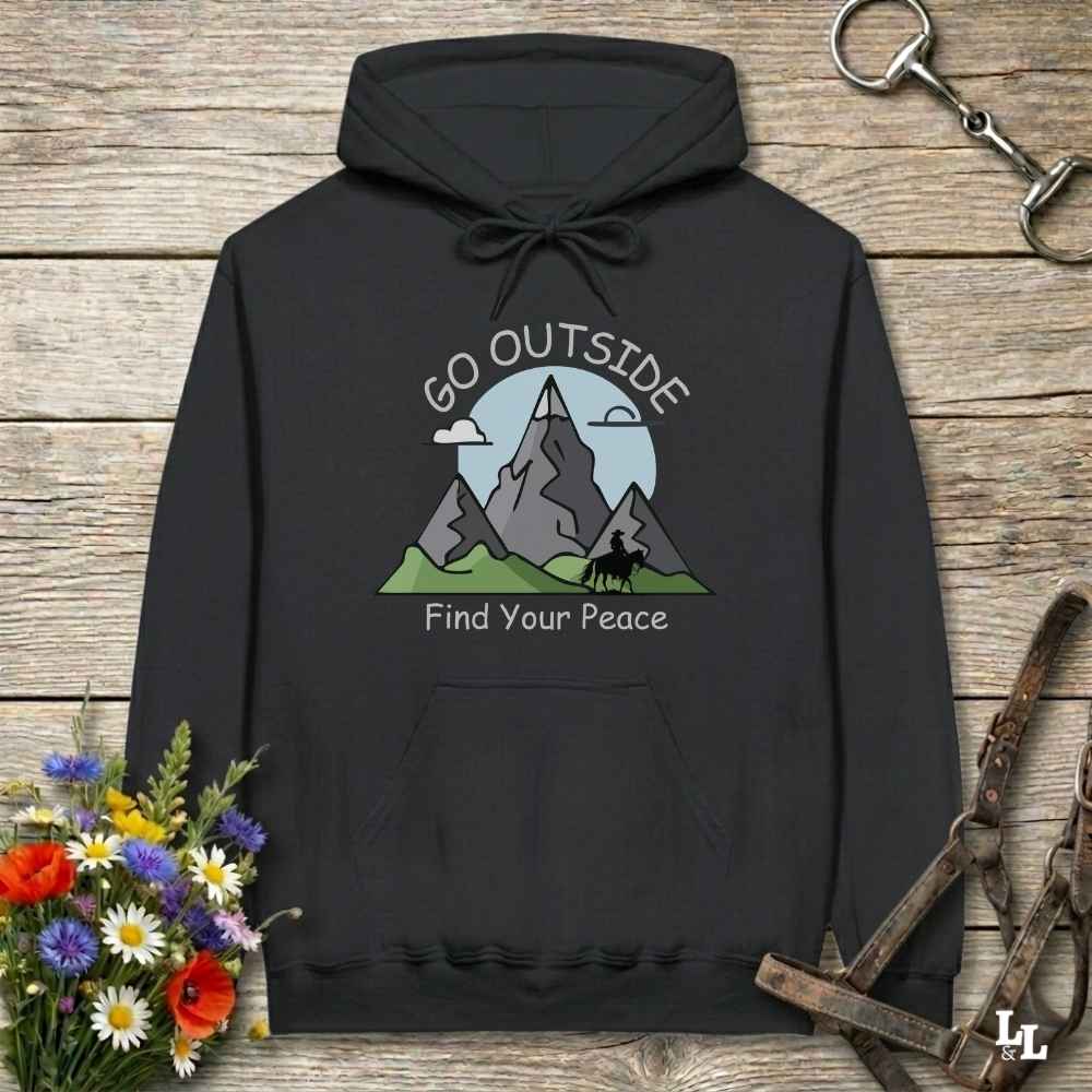 black  Outside Find your Peace Hoodie for Horse Lovers, Cozy Barn Wear, Trail Riding Hoodie