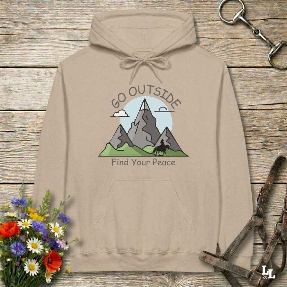 beige  Outside Find your Peace Hoodie for Horse Lovers, Cozy Barn Wear, Trail Riding Hoodie