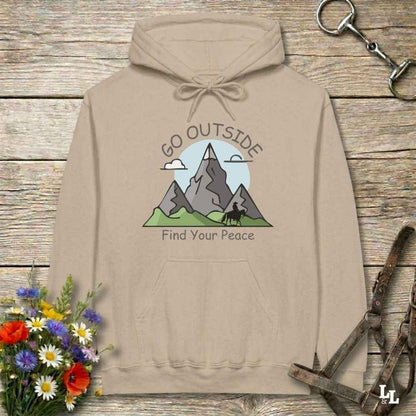beige  Outside Find your Peace Hoodie for Horse Lovers, Cozy Barn Wear, Trail Riding Hoodie