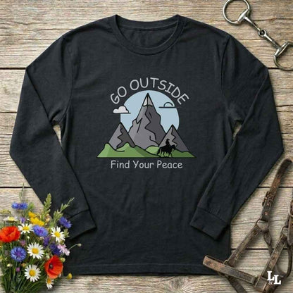 black Go Outside Find your Peace Long Sleeve Tee for Horse Lovers, Horse Riding Tee Barn Wear