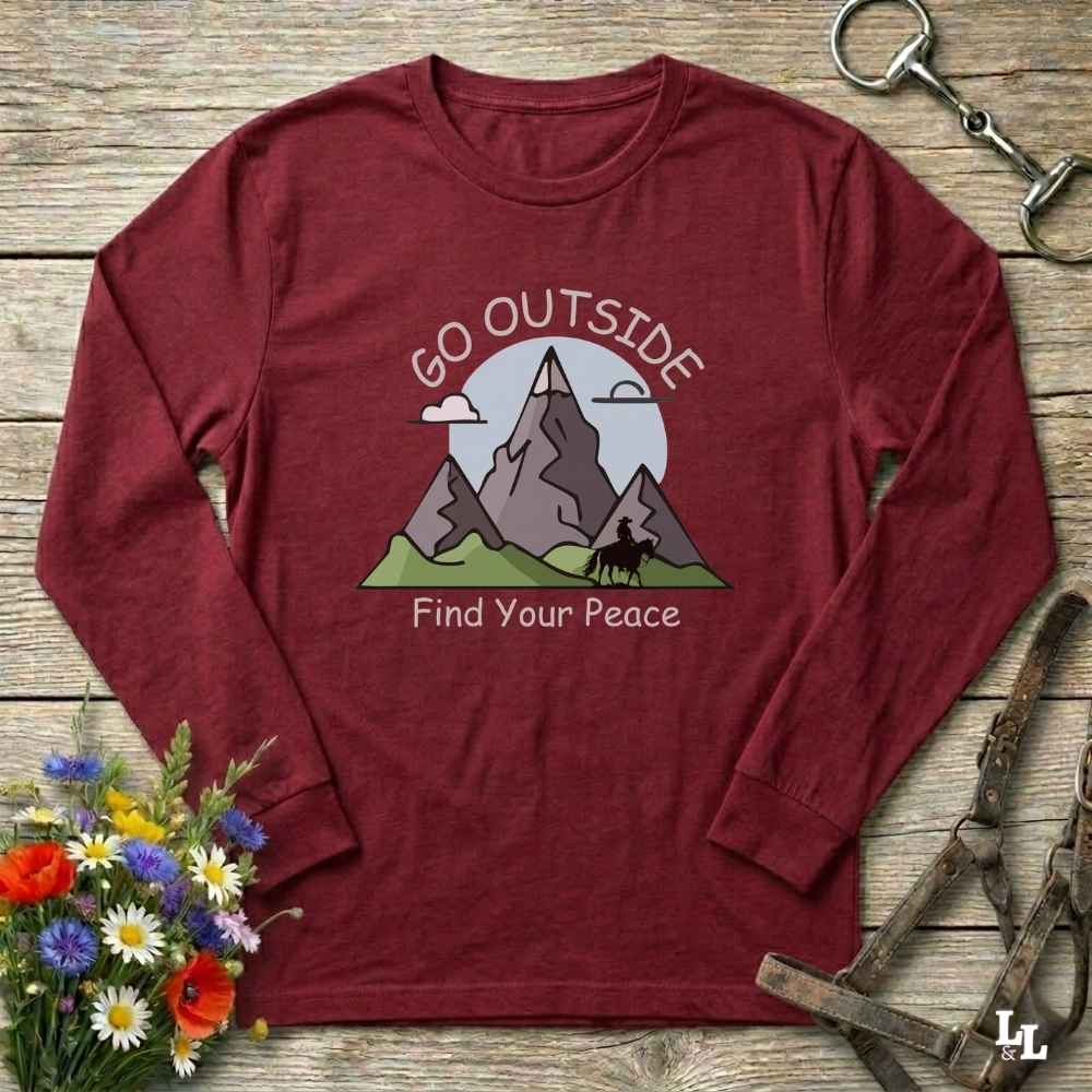 red Go Outside Find your Peace Long Sleeve Tee for Horse Lovers, Horse Riding Tee Barn Wear