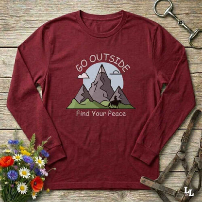 red Go Outside Find your Peace Long Sleeve Tee for Horse Lovers, Horse Riding Tee Barn Wear
