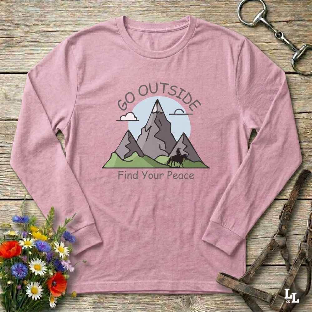 pink Go Outside Find your Peace Long Sleeve Tee for Horse Lovers, Horse Riding Tee Barn Wear