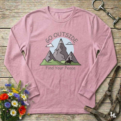 pink Go Outside Find your Peace Long Sleeve Tee for Horse Lovers, Horse Riding Tee Barn Wear