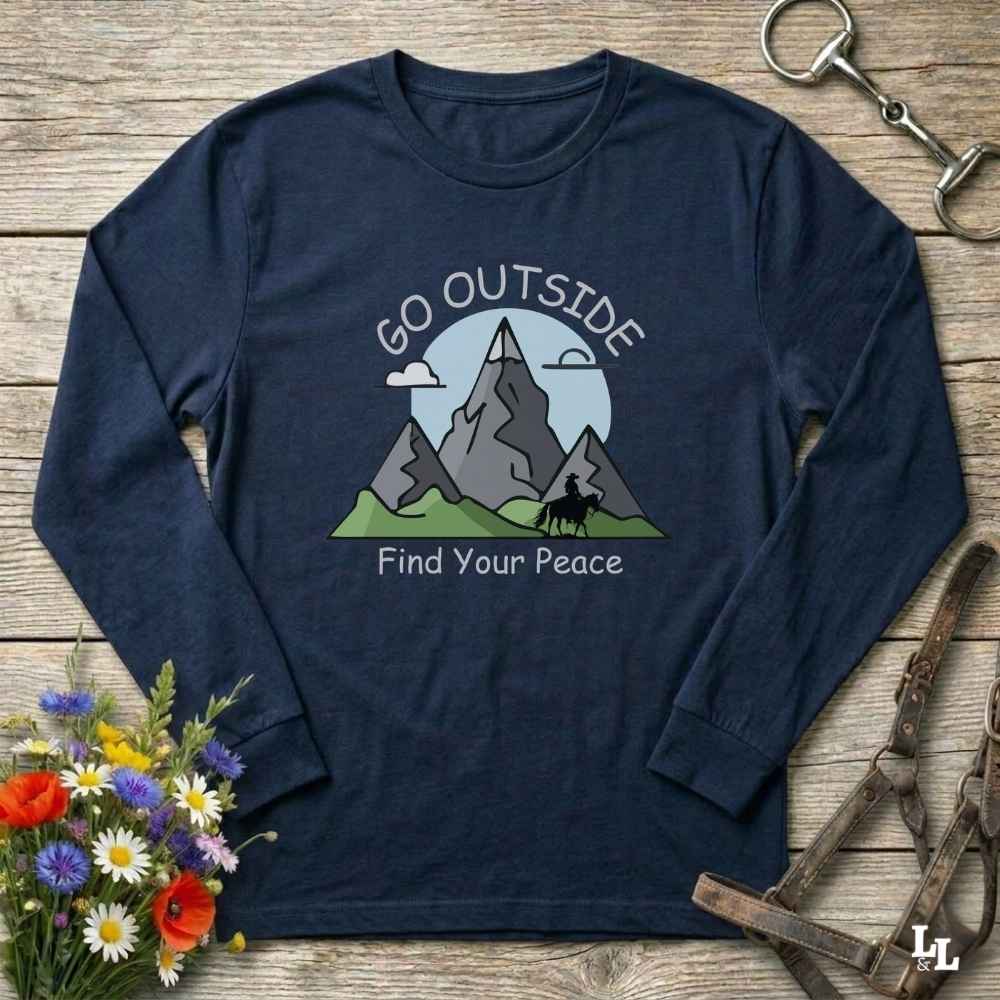 navy blue Go Outside Find your Peace Long Sleeve Tee for Horse Lovers, Horse Riding Tee Barn Wear