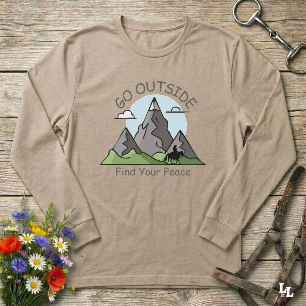 beige Go Outside Find your Peace Long Sleeve Tee for Horse Lovers, Horse Riding Tee Barn Wear