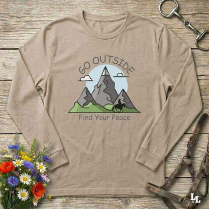 beige Go Outside Find your Peace Long Sleeve Tee for Horse Lovers, Horse Riding Tee Barn Wear