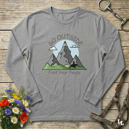 gray Go Outside Find your Peace Long Sleeve Tee for Horse Lovers, Horse Riding Tee Barn Wear