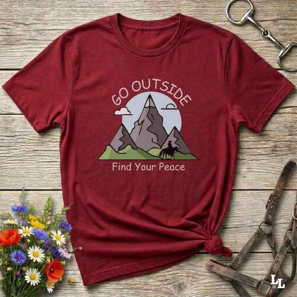 red Go Outside Find your Peace T-Shirt for Horse Lovers, Horse Riding Tee, Barn Wear Apparel