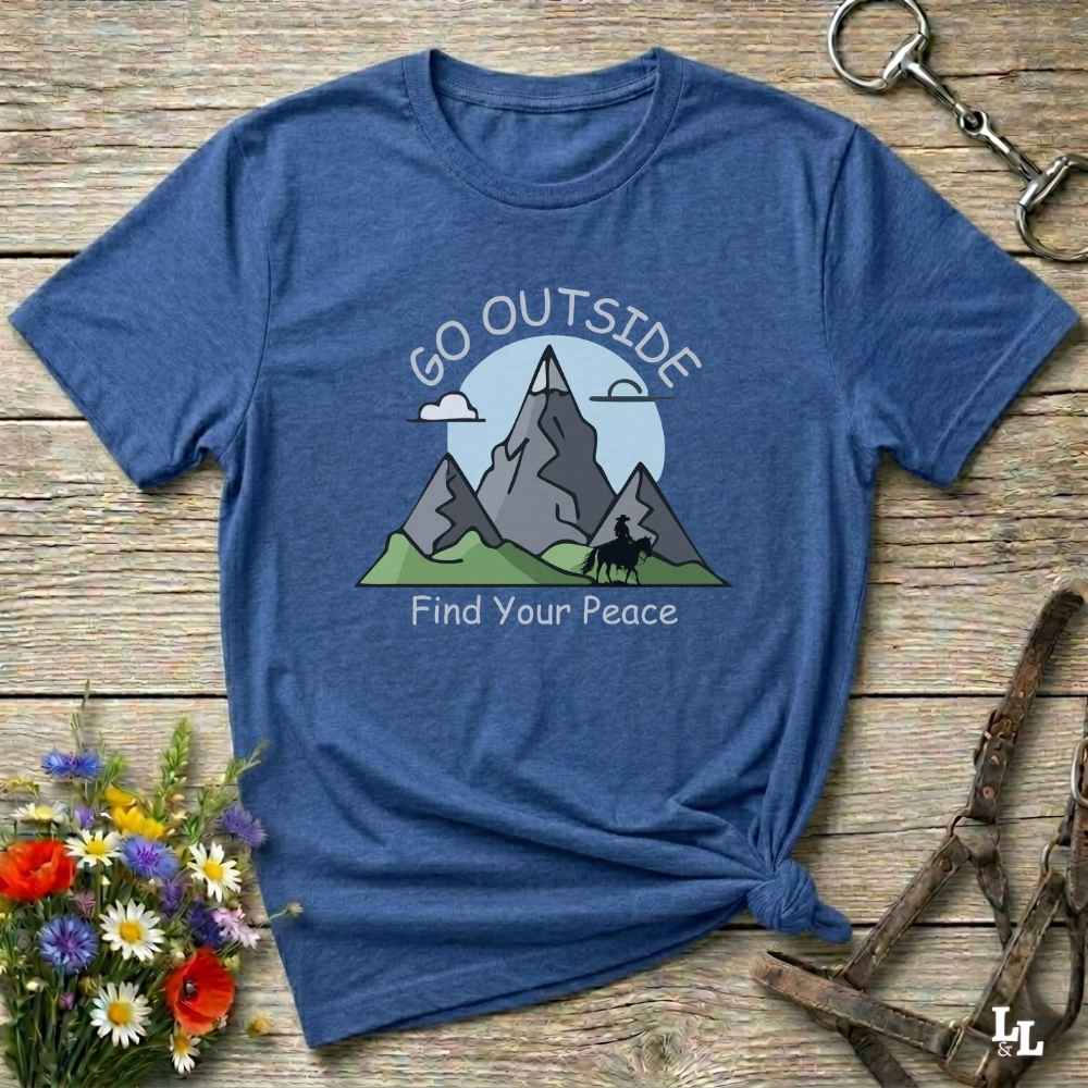 blue Go Outside Find your Peace T-Shirt for Horse Lovers, Horse Riding Tee, Barn Wear Apparel