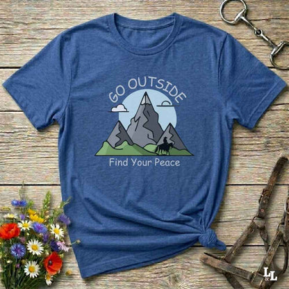 blue Go Outside Find your Peace T-Shirt for Horse Lovers, Horse Riding Tee, Barn Wear Apparel