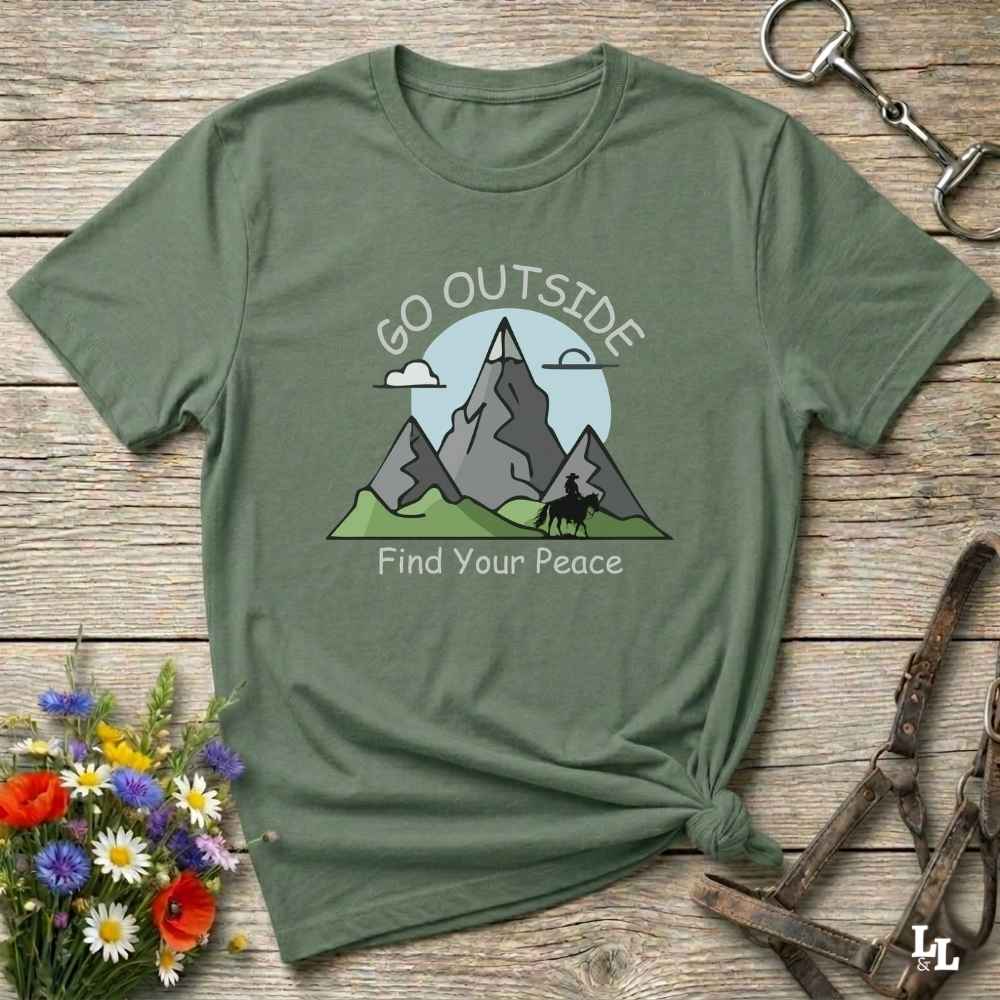 green Go Outside Find your Peace T-Shirt for Horse Lovers, Horse Riding Tee, Barn Wear Apparel
