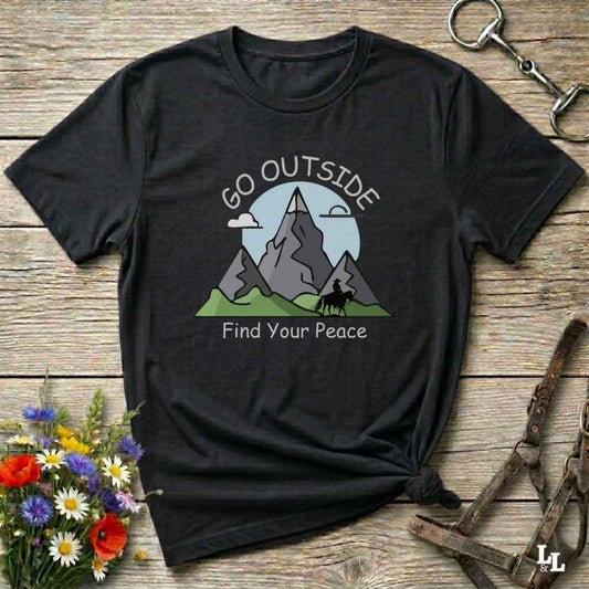 black Go Outside Find your Peace T-Shirt for Horse Lovers, Horse Riding Tee, Barn Wear Apparel